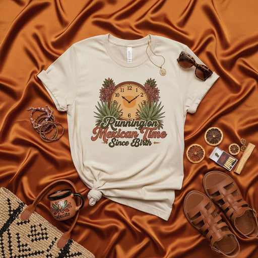 Running on Mexican Time Since Birth Shirt, Funny Fiesta Cinco de Mayo Tee, Latine Heritage Month Gift, Vintage Style Desert Clock Graphic T-Shirt for Men & Women Mexicada