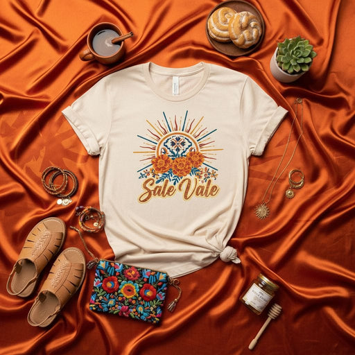 Sale Vale Desert Sunset Graphic Tee Unisex Shirt, Boho Floral Sunburst T-Shirt, Mexican Folk Art Inspired Apparel, Tan Cotton Blend Top Mexicada