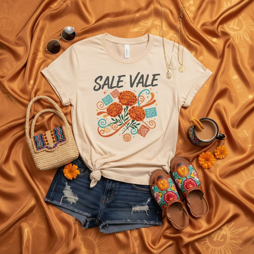 Sale Vale Marigold Flower T-Shirt, Día de Muertos Inspired Tee, Papel Picado Design, Casual Unisex Mexican Floral Graphic Shirt, Hispanic Culture Gift Mexicada