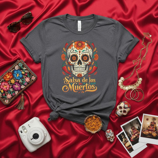 Salsa de los Muertos T-Shirt, Day of the Dead Sugar Skull Calavera Floral Design, Mexican Fiesta Halloween Holiday Unisex Tee Shirt Mexicada
