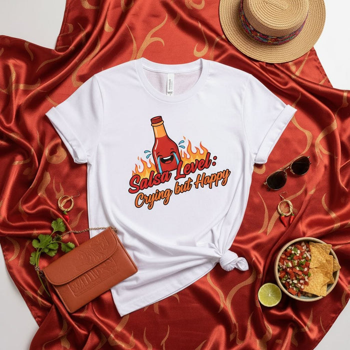 Salsa Level: Crying but Happy Spicy Hot Sauce T-Shirt - Funny Mexican Food Lover Gift, Heat Fan Unisex Tee with Flames Graphic Mexicada
