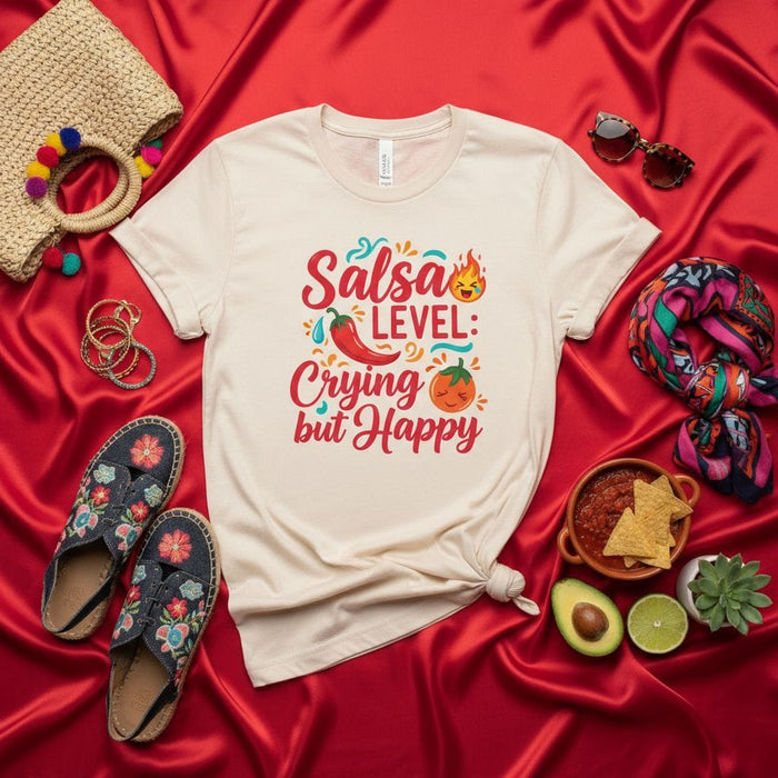 Salsa Level Crying but Happy T-Shirt, Spicy Food Humor Tee, Mexican Cuisine Lover Gift, Funny Hot Sauce Graphic Top, Cinco de Mayo Outfit, Chile Pepper and Tomato Design Shirt, Unisex Apparel for Salsa Enthusiasts Mexicada