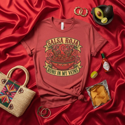 Salsa Roja Runs In My Veins T-Shirt | Funny Mexican Food Lover Tee | Spicy Sauce Fan Gift | Fiesta Cookout Cinco de Mayo Humor Shirt for Men and Women Mexicada