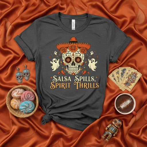 Salsa Spills Spirit Thrills Shirt, Day of the Dead Sugar Skull Sombrero T-Shirt, Halloween Ghost Flowers Calavera Tee, Unisex Graphic Mariachi Fiesta Top Mexicada