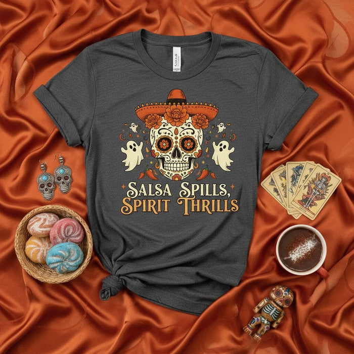 Salsa Spills Spirit Thrills Shirt, Day of the Dead Sugar Skull Sombrero T-Shirt, Halloween Ghost Flowers Calavera Tee, Unisex Graphic Mariachi Fiesta Top Mexicada