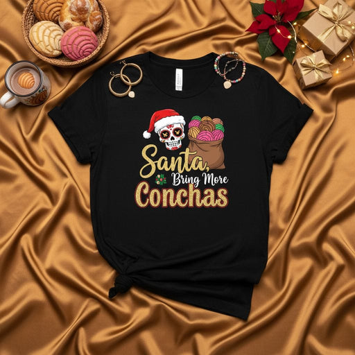 Santa Bring More Conchas Christmas T-Shirt, Funny Sugar Skull Santa, Mexican Pan Dulce Tee, Day of the Dead Holiday Shirt, Unisex Xmas Gift for Bakers & Concha Lovers Mexicada