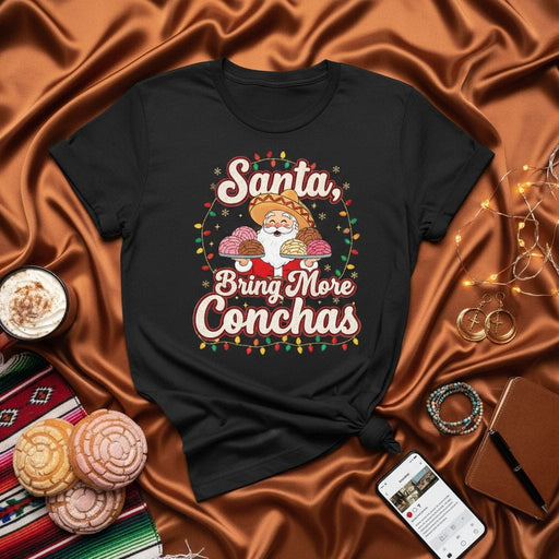 Santa, Bring More Conchas T-Shirt: Funny Mexican Christmas Puns, Pan Dulce Concha Lover Shirt, LatinX Holiday Fiesta Xmas Tee, Conchas and Santa with Sombrero, Navidad Gift Idea for Her or Him Mexicada