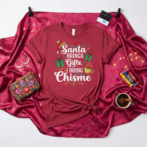 Santa Brings Gifts I Bring Chisme Shirt, Funny Christmas T-Shirt, Holiday Party Tee, Mexican Chisme Gift, Unisex Adult Red Graphic T-Shirt, Latina Christmas Shirt, Secret Santa Gift Idea Mexicada