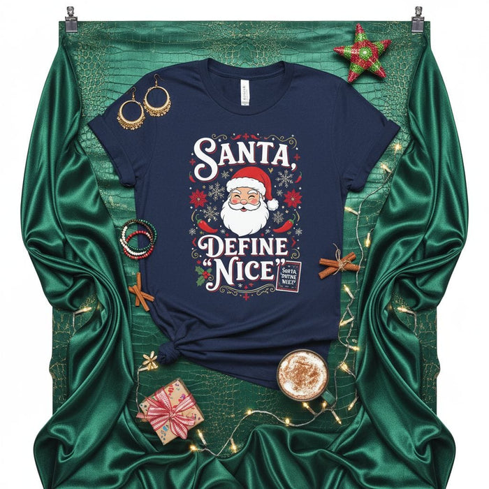 Santa, Define "Nice" Sorta Define Nice Christmas T-Shirt, Funny Ugly Holiday Sweater Style Tee, Navideño, Cute Santa Claus Shirt, Festive Navidad Gift for Men and Women, Red Chili Peppers and Holly Design Mexicada