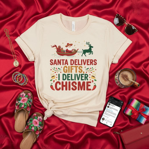 Santa Delivers Gifts I Deliver Chisme Shirt, Funny Chisme Christmas Tee, Spanish English Holiday T-shirt, Fiesta Navidad Gift, Latinx Humor Family Party Outfit, Unisex T-Shirt Mexicada