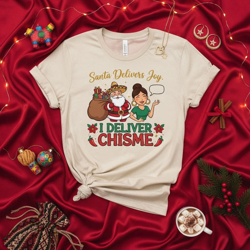 Santa Delivers Joy I Deliver Chisme Shirt, Funny Latina Christmas T-Shirt, Mexican Santa Claus Tee, Christmas Gift for Her, Holiday Party Shirt, Comadre Chismosa T-Shirt, Spanglish Christmas Top, Piñata and Chilis Graphic Tee Mexicada