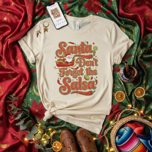 Santa Don't Forget the Salsa T-Shirt, Funny Christmas Shirt, Mexican Food Holiday Tee, Vintage Retro Design, Unisex Adult Graphic T-shirt Gift Idea Mexicada
