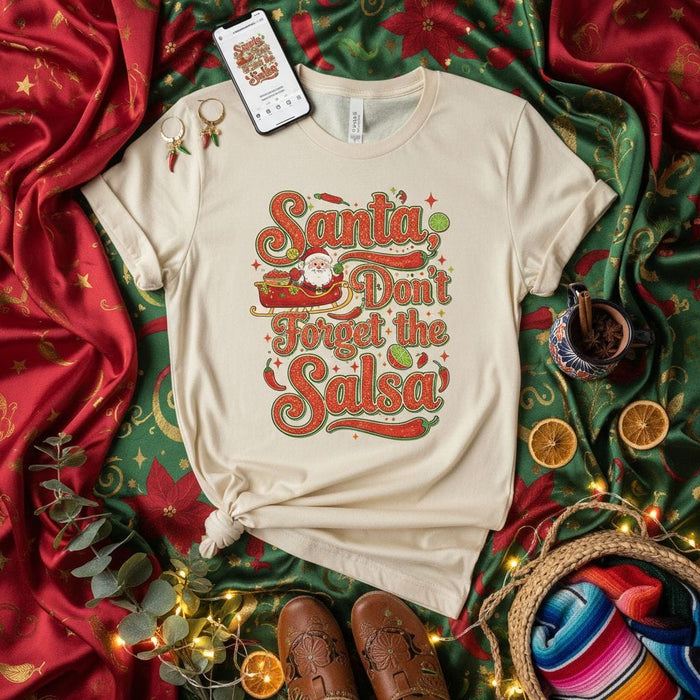 Santa Don't Forget the Salsa T-Shirt, Funny Christmas Shirt, Mexican Food Holiday Tee, Vintage Retro Design, Unisex Adult Graphic T-shirt Gift Idea Mexicada