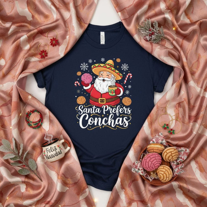 Santa Prefers Conchas T-Shirt, Feliz Navidad Christmas Shirt, Mexican Concha Cookie Lovers Gift, Funny Santa Sombrero Tee, Hispanic Holiday Party Outfit Mexicada