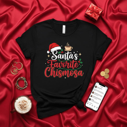 Santa's Favorite Chismosa Christmas T-Shirt, Funny Holiday Chismosa Shirt for Latina Women, Christmas Gift for Gossip Queen, Cute Santa Hat & Coffee Cup Graphic Tee, Spanglish Xmas Apparel Mexicada