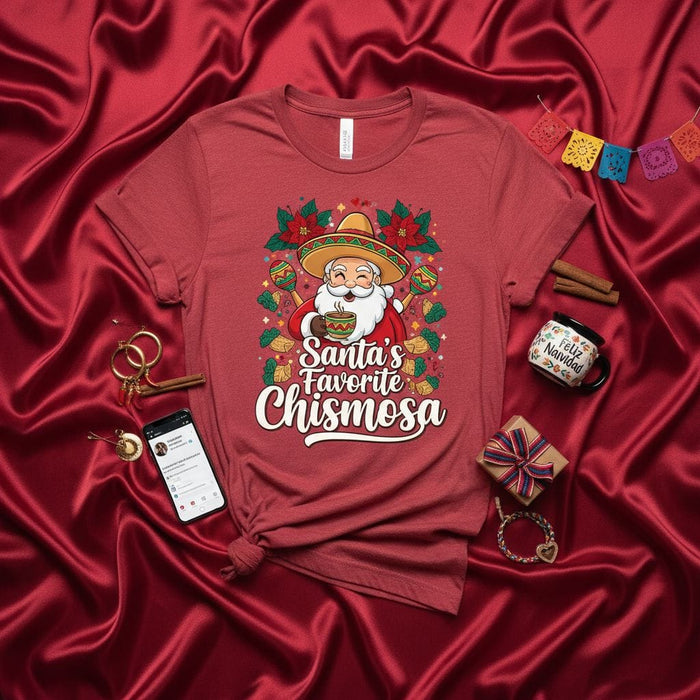 Santa's Favorite Chismosa Shirt, Funny Latina Christmas T-Shirt, Mexican Fiesta Holiday Party Gift, Sombrero Santa Maracas Poinsettias Unisex Tee Mexicada