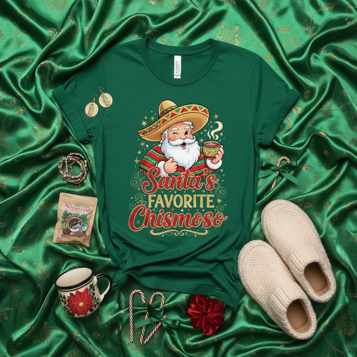 Santa's Favorite Chismoso T-Shirt: Funny Mexican Santa Drinking Coffee Christmas Tee, Holiday Sombrero and Serape Shirt, Festive Green Unisex Gift for Gossip Lovers Mexicada