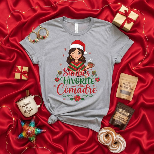 Santa's Favorite Comadre T-Shirt, Christmas Comadre Gift Tee, Funny Mexican Hot Chocolate Santa Hat Shirt, Cute Latina Xmas Party Top, Holiday Present for Godmother Friend Mexicada