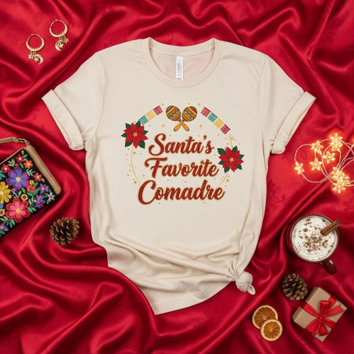 Santa's Favorite Comadre T-Shirt, Christmas Fiesta Tee, Holiday Party Shirt, Latina Gift, Spanish Christmas Shirt with Maracas and Poinsettias, Unisex Short Sleeve Top, Navidad Celebración Apparel Mexicada