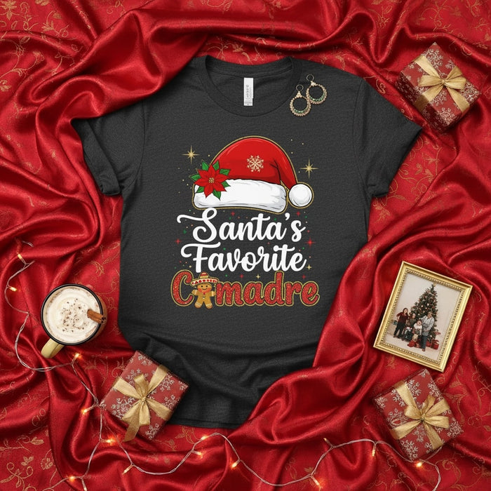 Santa's Favorite Comadre T-Shirt, Christmas Godmother Gift, Latina Xmas Tee, Funny Holiday Shirt, Poinsettia Santa Hat, Plaid Gingerbread Man, Spanish Godmother Present