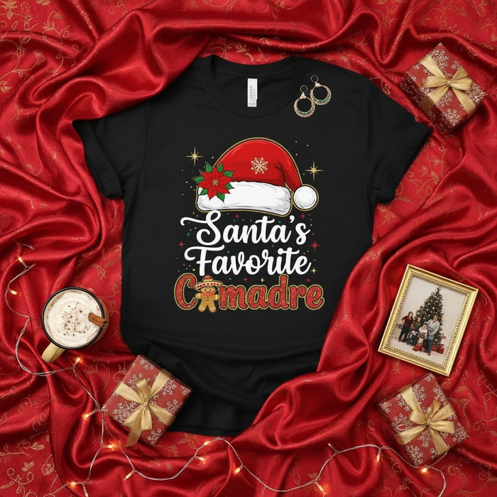 Santa's Favorite Comadre T-Shirt, Christmas Godmother Gift, Latina Xmas Tee, Funny Holiday Shirt, Poinsettia Santa Hat, Plaid Gingerbread Man, Spanish Godmother Present