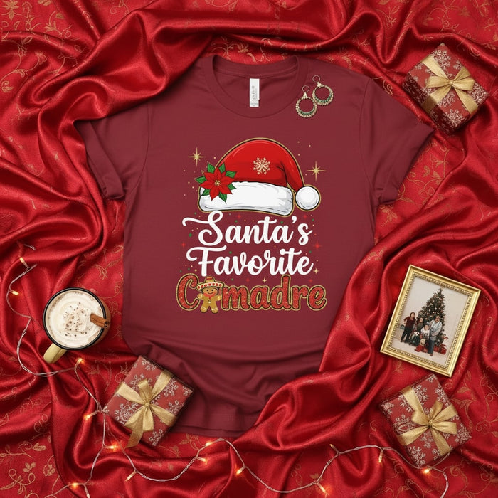 Santa's Favorite Comadre T-Shirt, Christmas Godmother Gift, Latina Xmas Tee, Funny Holiday Shirt, Poinsettia Santa Hat, Plaid Gingerbread Man, Spanish Godmother Present Mexicada Cardinal / XS