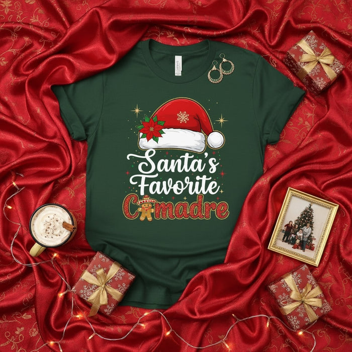 Santa's Favorite Comadre T-Shirt, Christmas Godmother Gift, Latina Xmas Tee, Funny Holiday Shirt, Poinsettia Santa Hat, Plaid Gingerbread Man, Spanish Godmother Present Mexicada Forest / XS