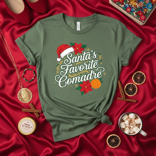 Santa's Favorite Comadre T-Shirt, Christmas Poinsettia Floral Holiday Tee, Latina Family Gift, Funny Spanish Xmas Shirt, Godmother Appreciation Mexicada