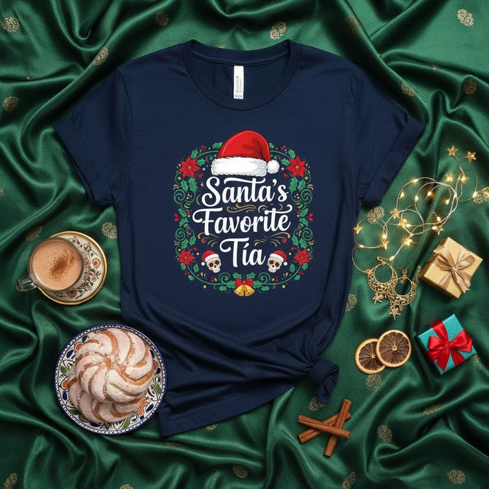 Santa's Favorite Tía T-Shirt, Funny Christmas Holiday Tee for Aunt, Xmas Present for Latina Tía, Navidad Gift Idea for Sister or Best Friend Aunt, Family Matching Group Shirt Mexicada