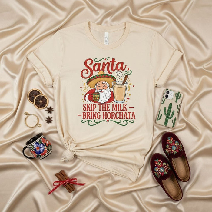 Santa Skip the Milk Bring Horchata Shirt, Funny Mexican Christmas Fiesta Tee, Sombrero Santa Claus Holiday Drink T-Shirt, Navidades Mexicada
