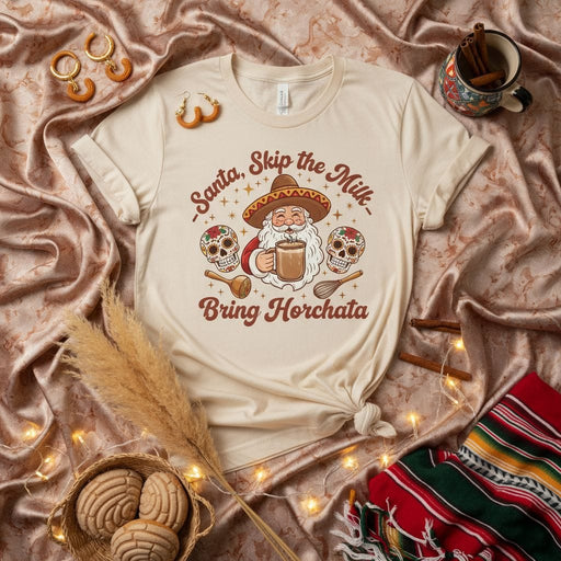 Santa, Skip the Milk - Bring Horchata Shirt, Funny Mexican Christmas T-Shirt, Mariachi Santa Claus, Sugar Skulls Holiday Tee, Dia de los Muertos, Unisex Mexicada