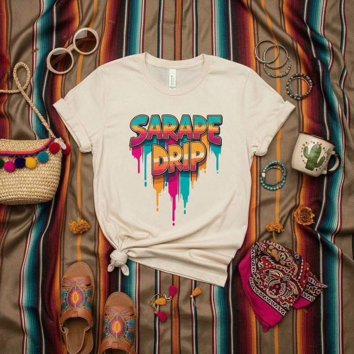 Sarape Drip T-Shirt Colorful Dripping Text Graphic Tee Retro Southwest Style Unisex Vacation Top Mexican Blanket Stripe Background Summer Festival Shirt Mexicada