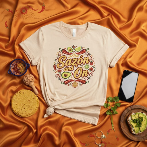Sazón and On Shirt | Unisex Graphic Tee with Chiles, Avocados, and Limes | Food Lover's Gift | Mexican Cuisine Themed T-Shirt for Men and Women Mexicada