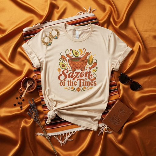 Sazón of the Times T-Shirt, Groovy Vintage-Style Molcajete with Avocado, Chiles, & Corn, Unisex Latine Foodie Gift Tee, Retro Hispanic Heritage Shirt Mexicada