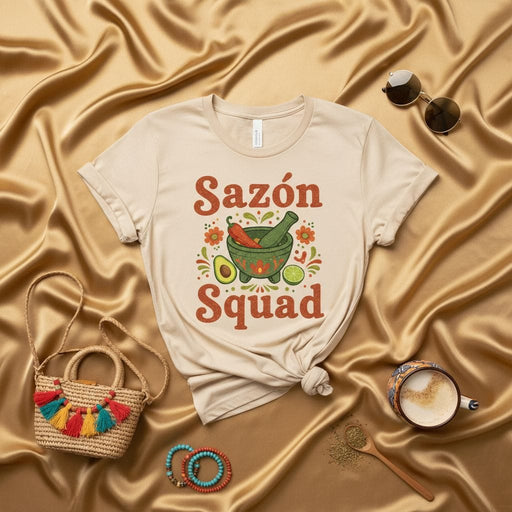 Sazón Squad Mortar Pestle Spice Avocado Chili Pepper T-Shirt Unisex Hispanic Foodie Chef Cooking Tee Mexicada