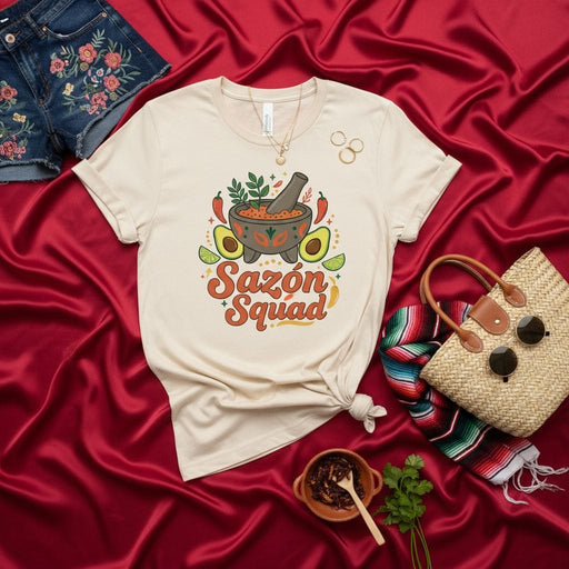 Sazón Squad T-Shirt, Mexican Foodie Shirt, Molcajete Salsa Avocado Graphic Tee, Funny Latinx Cooking Gift, Unisex Hispanic Heritage Apparel Mexicada