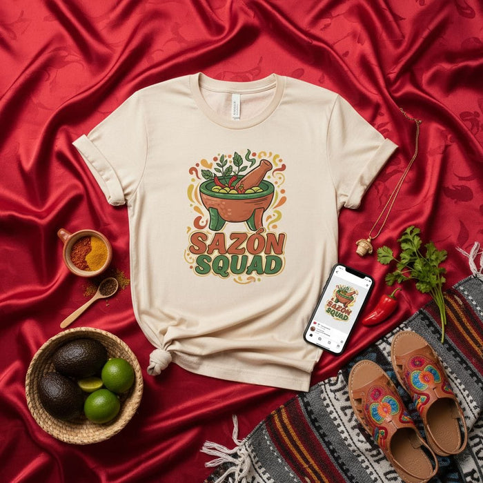 Sazón Squad T-Shirt with Molcajete Graphic, Spice Lovers Cooking Tee, Unisex Kitchen Apparel in Tan, Foodie Gift Idea Mexicada