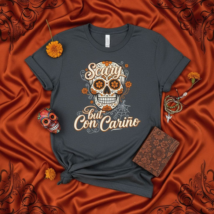 Scary But Con Cariño Sugar Skull T-Shirt, Day of the Dead Shirt, Dia De Muertos, Calavera Tee, Mexican Folk Art, Halloween Costume, Unisex Gift Mexicada