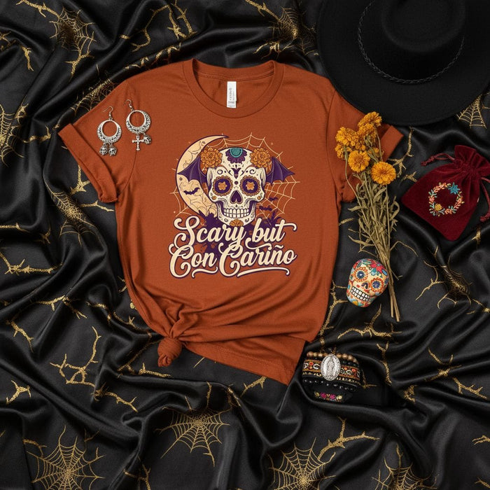 Scary but Con Cariño T-Shirt Sugar Skull Dia de Muertos Halloween Shirt Unisex Fall Graphic Tee Spooky Sweet Day of the Dead Clothing for Women and Men Mexicada