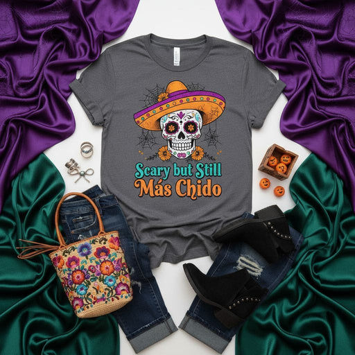Scary but Still Más Chido T-Shirt, Day of the Dead Sugar Skull with Sombrero Tee, Halloween Calavera Shirt, Unisex Fall Graphic Top Mexicada
