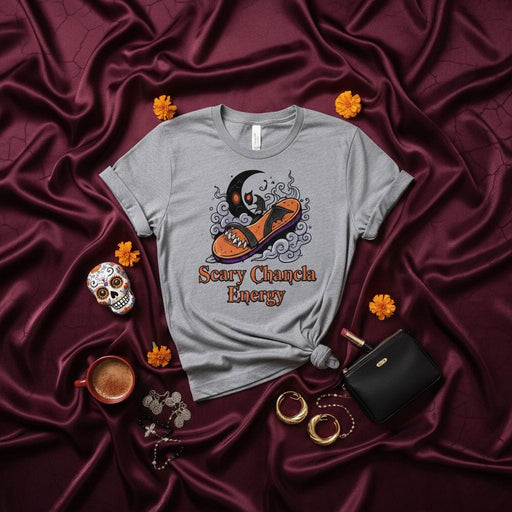 Scary Chancla Energy T-Shirt: Funny Halloween Spooky Shoe Design, Unisex Dia de Muertos La Llorona Latinx Mom Tee, Orange and Grey Holiday Graphic Shirt, Skull Marigold Flowers Vibe Mexicada
