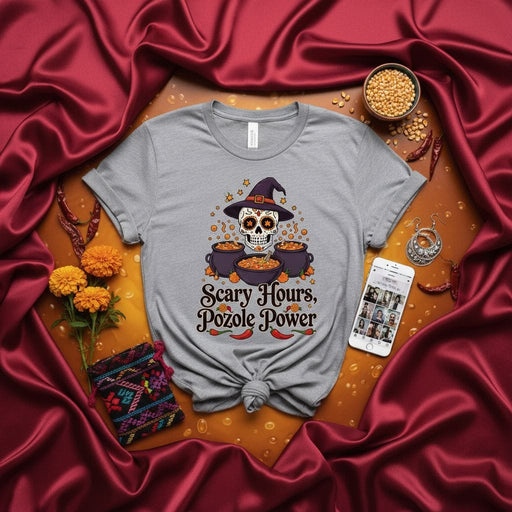 Scary Hours Pozole Power Sugar Skull Witch Halloween T-Shirt | Day of the Dead Dia de Muertos Witch Hat Caldron Tee | Spooky Mexican Food Shirt Mexicada