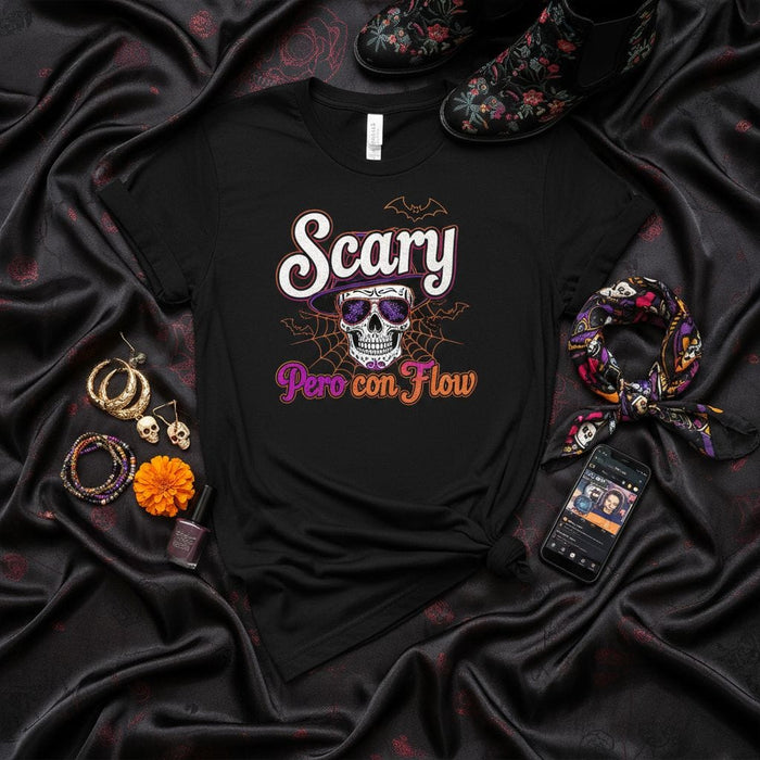 Scary Pero con Flow T-Shirt, Day of the Dead Sugar Skull Halloween Tee, Latina Reggaeton Vibe Shirt, Calavera with Sunglasses Unisex Top, Spooky Aesthetic Clothing Mexicada