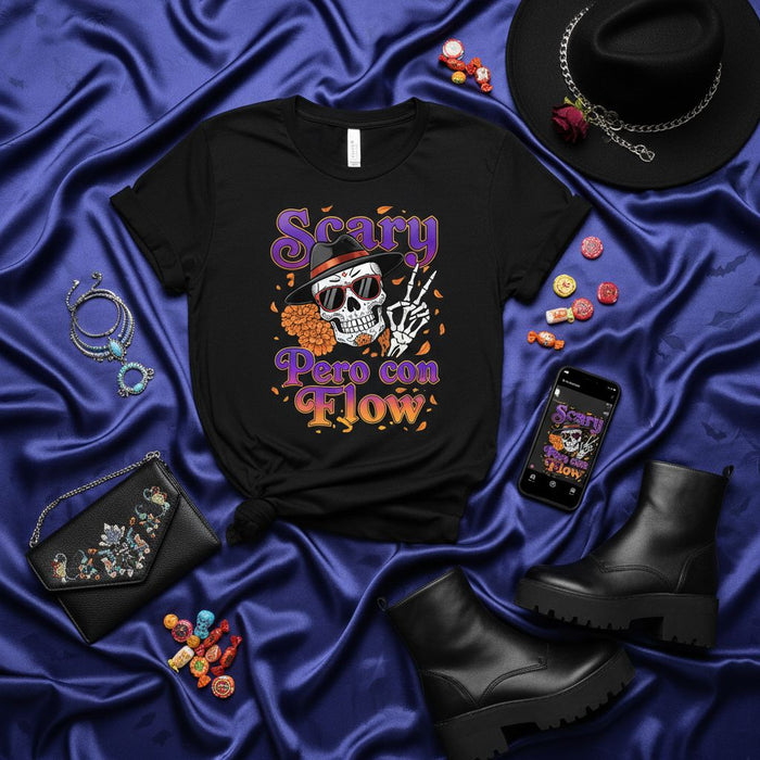 Scary Pero Con Flow T-Shirt, Día de Muertos Sugar Skull Halloween Tee, Funny Spanglish Costume Shirt, Unisex Graphic T-Shirt, Calavera with Hat and Sunglasses, Fall Holiday Party Outfit Mexicada