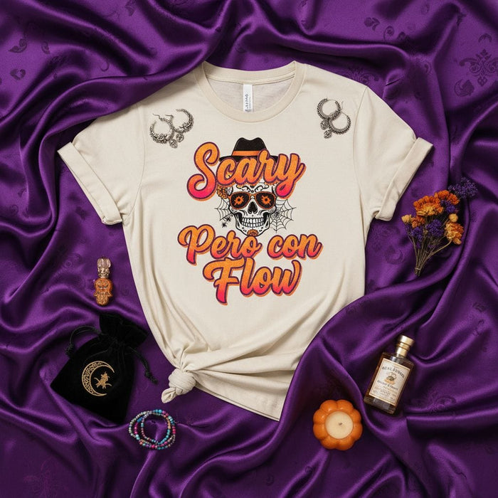 Scary Pero Con Flow T-Shirt, Spanglish Halloween Shirt, Sugar Skull with Fedora and Spiderweb Graphic Tee, Day of the Dead Skeleton Design, Unisex Fall Holiday Apparel Mexicada