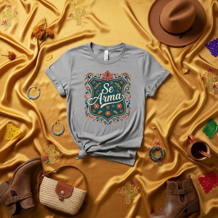 Se Arma Mexican Fiesta Shirt, Unisex Floral Aztec Design T-Shirt, Latinx Culture Graphic Tee, Gray Soft Cotton Blouse Mexicada