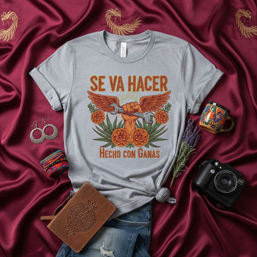 Se Va Hacer Hecho Con Ganas T-Shirt Unisex, Marigold Flowers Wrench Mechanic Tee, Día de Muertos Inspired Work Ethic Gift Shirt, Latina Chicana Pride Top Mexicada