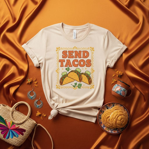 Send Tacos Retro Graphic T-Shirt, Funny Food Lover Tee, Vintage Style Taco Tuesday Shirt, Unisex T-Shirt, Mexican Food Theme Gift, Cute Summer T-Shirt, Fiesta Party Top, Soft Cream Shirt with Orange Print Mexicada