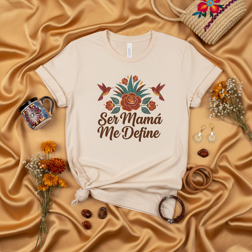 Ser Mamá Me Define T-Shirt, Hummingbird Flower Graphic Tee, Spanish Motherhood Shirt, Beige Unisex Gift for Mom, Floral Design Clothing Mexicada