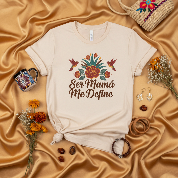 Ser Mamá Me Define T-Shirt, Hummingbird Flower Graphic Tee, Spanish Motherhood Shirt, Beige Unisex Gift for Mom, Floral Design Clothing Mexicada